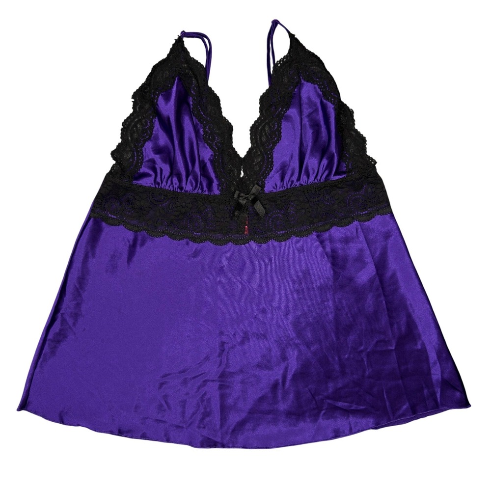 Seven 'til Midnight Royal Purple Satin Black Lace Bow Babydoll L
